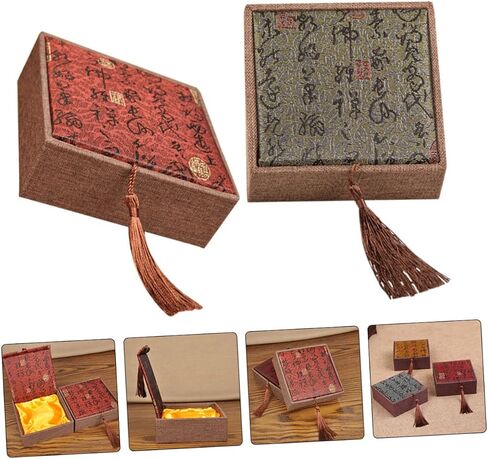 TEHAUX Gift Boxes with Lids, 2pcs Linen Gift Box Square Vintage Jewelry Display Storage Organizer Feng Shui Earring Bracelet Necklace Trinket Case with Tassel for Gifts Jewelry in Saudi Arabia