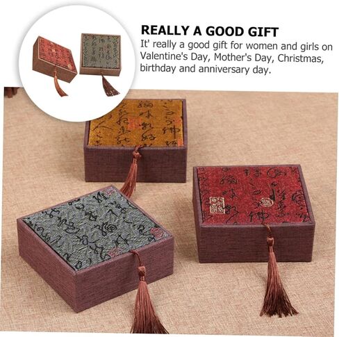 TEHAUX Gift Boxes with Lids, 2pcs Linen Gift Box Square Vintage Jewelry Display Storage Organizer Feng Shui Earring Bracelet Necklace Trinket Case with Tassel for Gifts Jewelry in Saudi Arabia