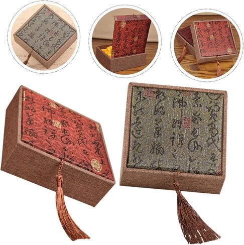 TEHAUX Gift Boxes with Lids, 2pcs Linen Gift Box Square Vintage Jewelry Display Storage Organizer Feng Shui Earring Bracelet Necklace Trinket Case with Tassel for Gifts Jewelry in Saudi Arabia