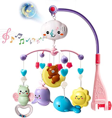 Baby Crib Mobile Toy with Music and Lights, Hanging Rotating Animal Rattles, Toy Gifts for Baby Newborn in Kuwait