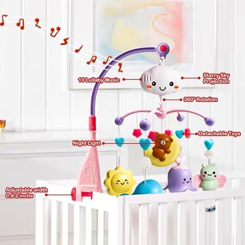 Baby Crib Mobile Toy with Music and Lights, Hanging Rotating Animal Rattles, Toy Gifts for Baby Newborn in Kuwait