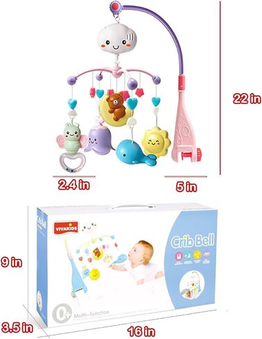 Baby Crib Mobile Toy with Music and Lights, Hanging Rotating Animal Rattles, Toy Gifts for Baby Newborn in Kuwait