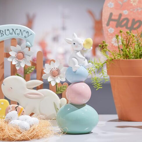 زينة عيد الفصح - تماثيل أرنب الربيع - تماثيل أرنب - قطعة مركزية للطاولة - أرنب لطيف مع شكل ذيل LED منحوتات أرنب بيضاء لديكور المزرعة المنزلية 5 × 6.75 × 10.25 بوصة استوديو نيومان هاوس in Kuwait