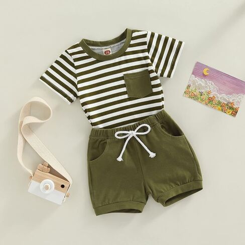 Toddler Baby Boys Clothes Summer Outfit Striped Print Sleeveless Vest Tops Drawstring Shorts Set in Saudi Arabia