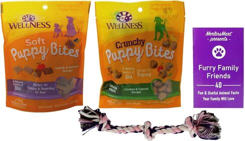 مكافآت تدريب الكلاب من Wellness Puppy Bites بنكهتين متنوعتين - (1) لكل منهما: سمك السلمون الضأن الناعم، وجزر الدجاج المقرمش (3-6 أونصة) - بالإضافة إلى لعبة الحبل وحزمة كتيب حقائق الحيوانات الممتعة in Kuwait
