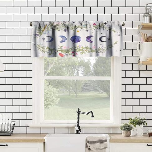 Moon Floral Valance Curtains for Kitchen Windows Wildflower Phase Garden Boho Spring Nature Bathroom Window Curtain Valance Rod Pocket for Bedroom Living Room, 54" X 18"-1 Panel in Saudi Arabia