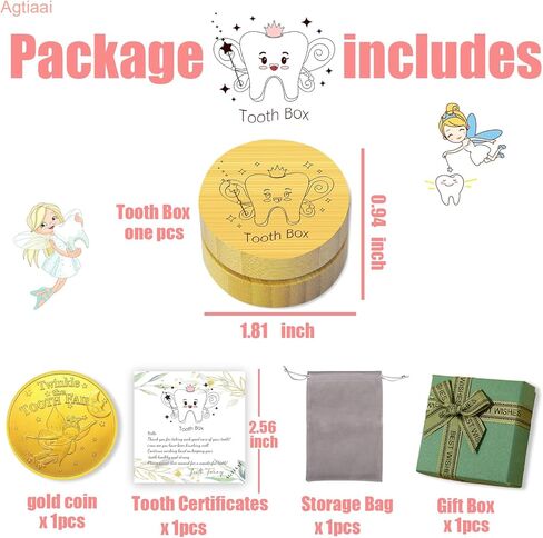 صندوق جنية الأسنان من AGTIAAI، مجموعة هدايا جنية الأسنان للأولاد والبنات، صندوق تذكار من الألومنيوم الخشبي للأسنان يخزن صناديق الأسنان للأسنان المفقودة للأطفال، بما في ذلك صندوق هدايا عملات جنية الأسنان، وحقيبة، وبطاقة in Kuwait
