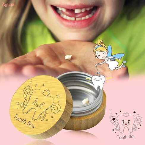 صندوق جنية الأسنان من AGTIAAI، مجموعة هدايا جنية الأسنان للأولاد والبنات، صندوق تذكار من الألومنيوم الخشبي للأسنان يخزن صناديق الأسنان للأسنان المفقودة للأطفال، بما في ذلك صندوق هدايا عملات جنية الأسنان، وحقيبة، وبطاقة in Kuwait