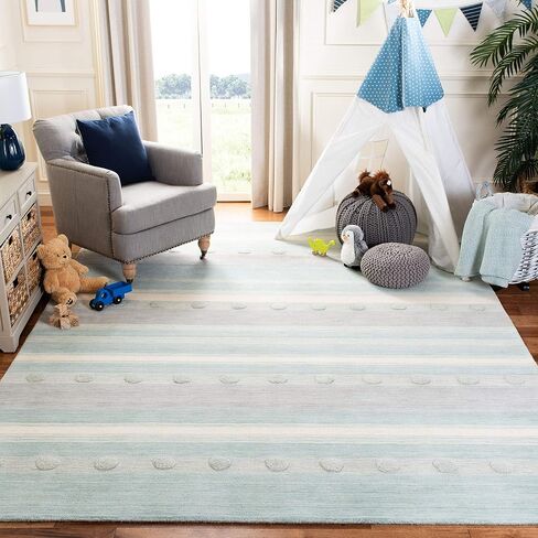 SAFAVIEH Kids Collection Accent Rug - 3' x 5', Aqua & Ivory, Handmade Stripe Wool, Ideal for High Traffic Areas in Entryway, Living Room, Bedroom (SFK801J) in Saudi Arabia