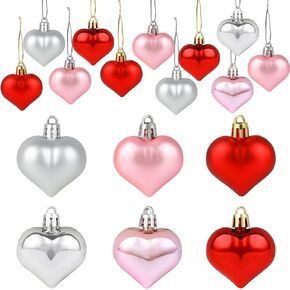 SULOLI Valentine's Day Heart Shaped Ornaments, 24pcs Valentines Heart Decorations (Glossy and Glitter) Red Pink Silver Heart Shaped Baubles - Romantic Valentine's Day Hanging Decorations in Kuwait