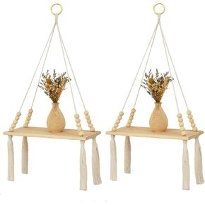 Checrxy Macrame Wall Hanging Shelves, 2 Set Boho Floating Shelves with Tassel for Bedroom, Living Room, Nursery, Dorm or Lounge, Aesthetic & Cute Wall Decor, Handmade Idea Gife for Anyone (Natural) in Saudi Arabia