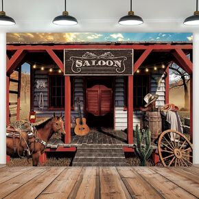 Imirell Western Cowboy Backdrop 8Wx6H Feet Vintage Retro Country Bar Saloon Farmhouse Wooden House Barn Door Horse Wild West Polyester Fabric Photography Backgrounds Photo Shoot Decor Props Decoration