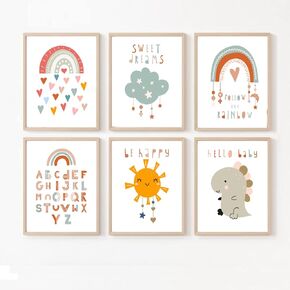VEEDOO Rainbow Nursery Decor - Baby Room Décor, Dinosaur Nursery Decor for Baby, Boho Nursery Playroom Decor, Great Kid’s Room Decoration - Boys and Girls, Set of 6 – 8x10 (Unframed) Made in USA in Saudi Arabia