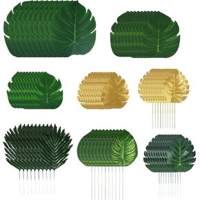 VaryFloral 80Pcs 8 Kinds Palm Leaves Artificial Tropical Monstera Leaf Green and Gold Fake Palm Leaves with Stems Jungle Luau Hawaiian Party Decoration Birthday Wedding in Kuwait