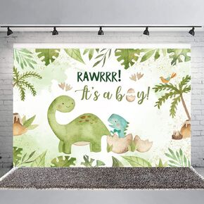 Hilioens 53ft Baby Shower Backdrop It's A Boy Newborn Green Leaf Dinosaur Egg Party Decorations Banner Cartoon Dinosaur Supplies Background Cake Table Supplies in Kuwait