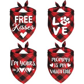 JOTFA 4 Pack Valentine’s Day Dog Bandanas, Plaid Dog Puppy Valentines Bandana Scarf for Small Medium Large Dogs Pets (Red)