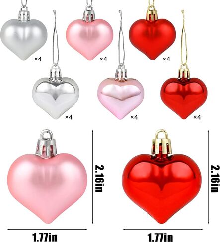 SULOLI Valentine's Day Heart Shaped Ornaments, 24pcs Valentines Heart Decorations (Glossy and Glitter) Red Pink Silver Heart Shaped Baubles - Romantic Valentine's Day Hanging Decorations in Kuwait