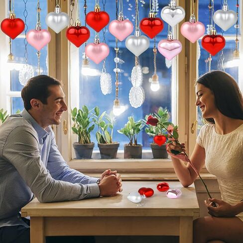 SULOLI Valentine's Day Heart Shaped Ornaments, 24pcs Valentines Heart Decorations (Glossy and Glitter) Red Pink Silver Heart Shaped Baubles - Romantic Valentine's Day Hanging Decorations in Kuwait