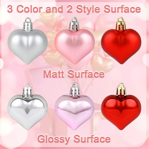 SULOLI Valentine's Day Heart Shaped Ornaments, 24pcs Valentines Heart Decorations (Glossy and Glitter) Red Pink Silver Heart Shaped Baubles - Romantic Valentine's Day Hanging Decorations in Kuwait