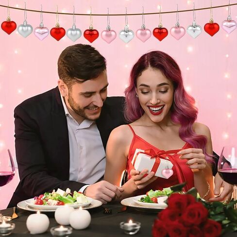 SULOLI Valentine's Day Heart Shaped Ornaments, 24pcs Valentines Heart Decorations (Glossy and Glitter) Red Pink Silver Heart Shaped Baubles - Romantic Valentine's Day Hanging Decorations in Kuwait