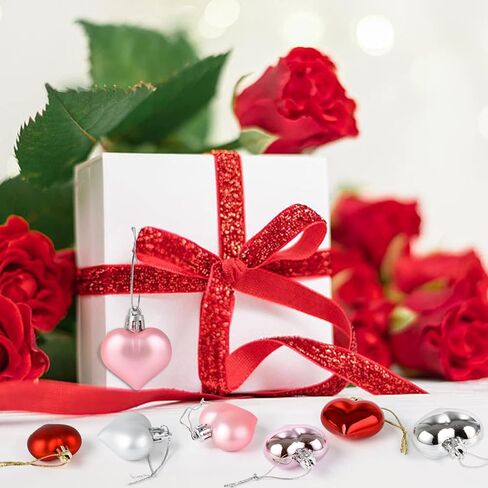 SULOLI Valentine's Day Heart Shaped Ornaments, 24pcs Valentines Heart Decorations (Glossy and Glitter) Red Pink Silver Heart Shaped Baubles - Romantic Valentine's Day Hanging Decorations in Kuwait