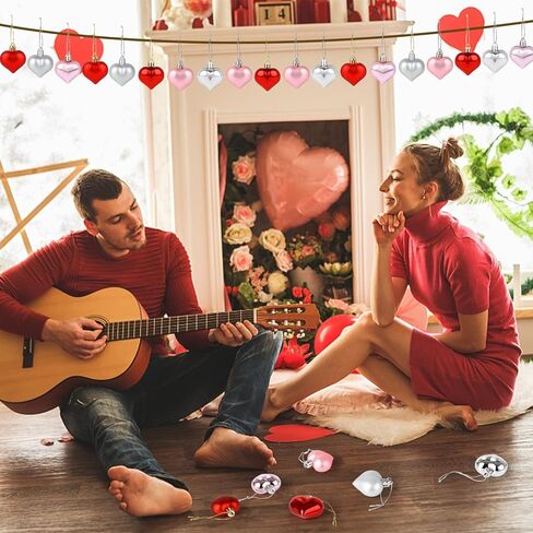 SULOLI Valentine's Day Heart Shaped Ornaments, 24pcs Valentines Heart Decorations (Glossy and Glitter) Red Pink Silver Heart Shaped Baubles - Romantic Valentine's Day Hanging Decorations in Kuwait