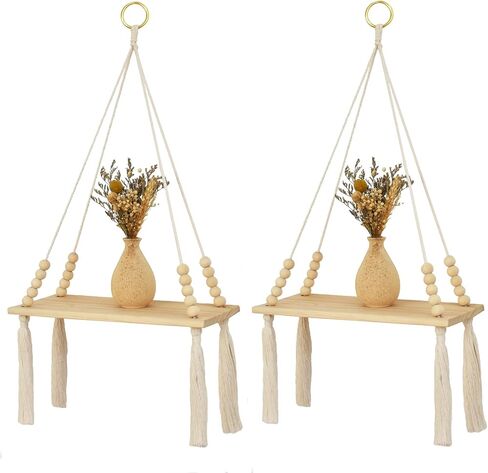 Checrxy Macrame Wall Hanging Shelves, 2 Set Boho Floating Shelves with Tassel for Bedroom, Living Room, Nursery, Dorm or Lounge, Aesthetic & Cute Wall Decor, Handmade Idea Gife for Anyone (Natural) in Saudi Arabia