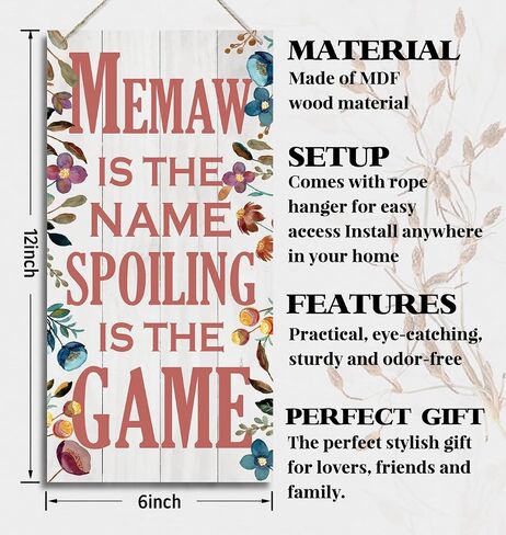 Memaw is The Name Spoiling is The Game Wood Decor Sign, Hanging Printed Wooden Plaque Decor, Rustic Home Decor Sign, Decorative Wall Art, Home Accent, Memaw Decor, Gift for Grandma, Women 12x6 inch in Kuwait