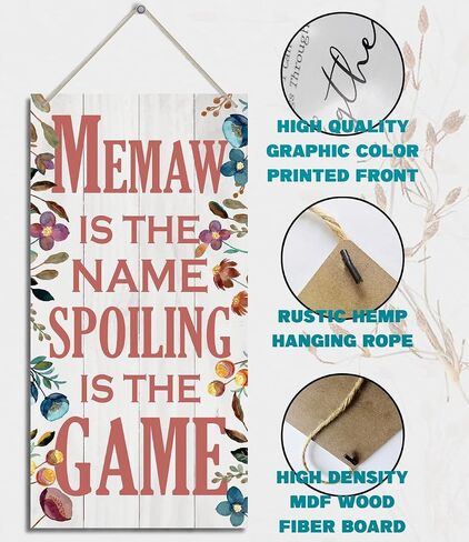 Memaw is The Name Spoiling is The Game Wood Decor Sign, Hanging Printed Wooden Plaque Decor, Rustic Home Decor Sign, Decorative Wall Art, Home Accent, Memaw Decor, Gift for Grandma, Women 12x6 inch in Kuwait