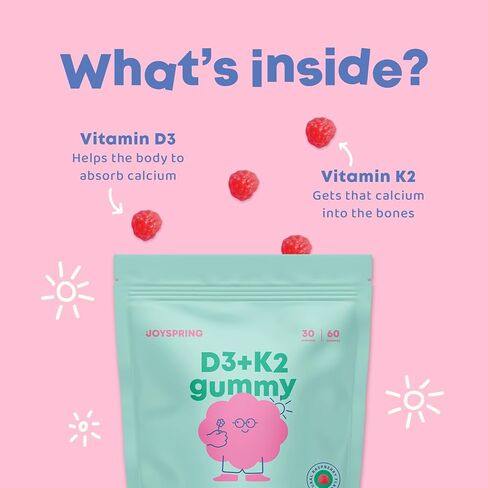 JoySpring فيتامين D3 علكات للأطفال والصغار - فيتامين د للأطفال النمو الصحي والتنمية - أطفال فيتامين D3 وK2 - فيتامين د الأساسي للأطفال مناسب للأطفال الصغار والمراهقين - 60 D3 علكات in Kuwait