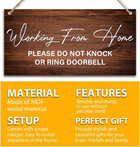 Working from Home Sign for Front Door Please Do not Knock or Ring Doorbell Wood Hanging Plaque Signs for Home Farmhouse Decor, Work from Home Signs to Hang Up 11.8 x 5.9 Inches - JY780 in Kuwait