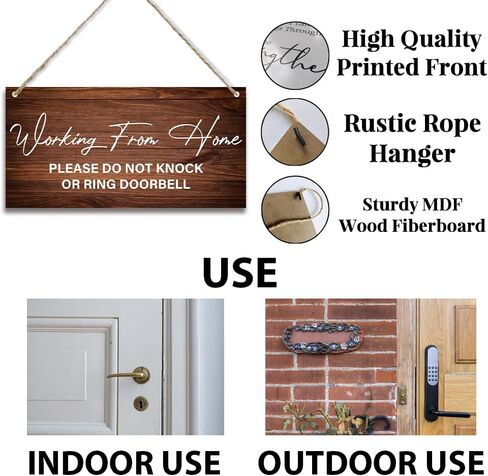Working from Home Sign for Front Door Please Do not Knock or Ring Doorbell Wood Hanging Plaque Signs for Home Farmhouse Decor, Work from Home Signs to Hang Up 11.8 x 5.9 Inches - JY780 in Kuwait