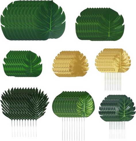 VaryFloral 80Pcs 8 Kinds Palm Leaves Artificial Tropical Monstera Leaf Green and Gold Fake Palm Leaves with Stems Jungle Luau Hawaiian Party Decoration Birthday Wedding in Kuwait