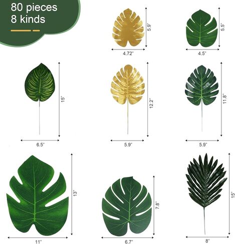 VaryFloral 80Pcs 8 Kinds Palm Leaves Artificial Tropical Monstera Leaf Green and Gold Fake Palm Leaves with Stems Jungle Luau Hawaiian Party Decoration Birthday Wedding in Kuwait