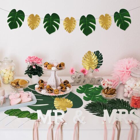 VaryFloral 80Pcs 8 Kinds Palm Leaves Artificial Tropical Monstera Leaf Green and Gold Fake Palm Leaves with Stems Jungle Luau Hawaiian Party Decoration Birthday Wedding in Kuwait