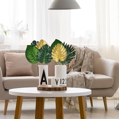 VaryFloral 80Pcs 8 Kinds Palm Leaves Artificial Tropical Monstera Leaf Green and Gold Fake Palm Leaves with Stems Jungle Luau Hawaiian Party Decoration Birthday Wedding in Kuwait