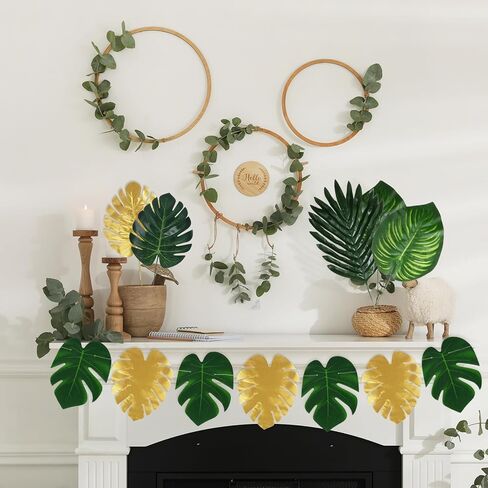 VaryFloral 80Pcs 8 Kinds Palm Leaves Artificial Tropical Monstera Leaf Green and Gold Fake Palm Leaves with Stems Jungle Luau Hawaiian Party Decoration Birthday Wedding in Kuwait