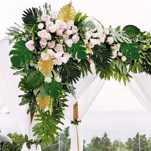 VaryFloral 80Pcs 8 Kinds Palm Leaves Artificial Tropical Monstera Leaf Green and Gold Fake Palm Leaves with Stems Jungle Luau Hawaiian Party Decoration Birthday Wedding in Kuwait