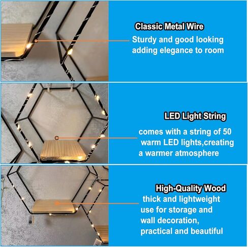 أرفف سداسية عائمة لتزيين الحائط مع مصابيح LED، مجموعة من 3 أرفف حائط معدنية حديثة، سلك معدني ذهبي ورف تخزين مثبت على الحائط بقاعدة خشبية لغرفة النوم وغرفة المعيشة والمطبخ والحمام in Kuwait