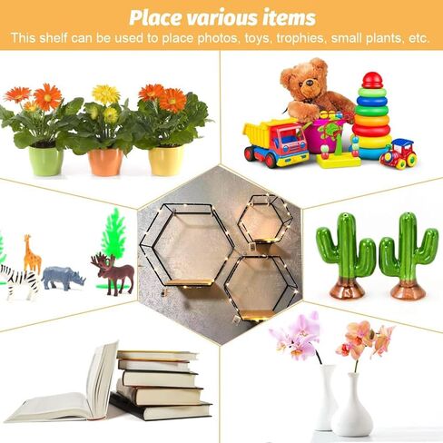 أرفف سداسية عائمة لتزيين الحائط مع مصابيح LED، مجموعة من 3 أرفف حائط معدنية حديثة، سلك معدني ذهبي ورف تخزين مثبت على الحائط بقاعدة خشبية لغرفة النوم وغرفة المعيشة والمطبخ والحمام in Kuwait