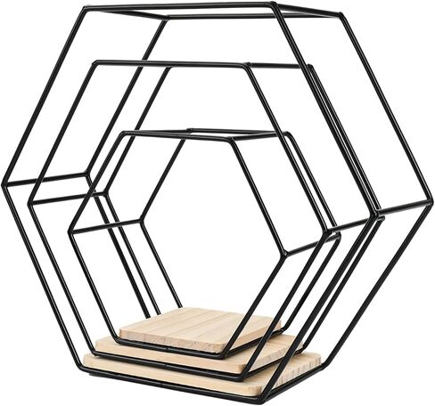 أرفف سداسية عائمة لتزيين الحائط مع مصابيح LED، مجموعة من 3 أرفف حائط معدنية حديثة، سلك معدني ذهبي ورف تخزين مثبت على الحائط بقاعدة خشبية لغرفة النوم وغرفة المعيشة والمطبخ والحمام in Kuwait