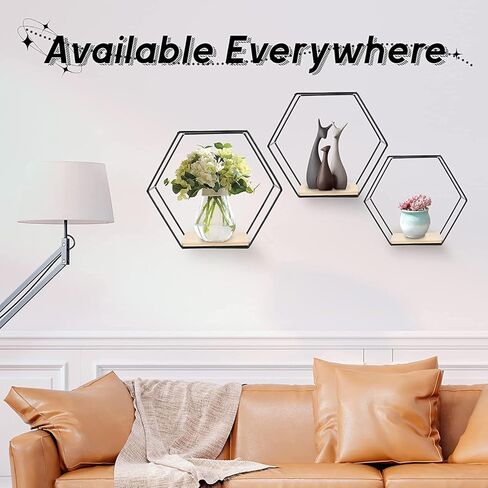 أرفف سداسية عائمة لتزيين الحائط مع مصابيح LED، مجموعة من 3 أرفف حائط معدنية حديثة، سلك معدني ذهبي ورف تخزين مثبت على الحائط بقاعدة خشبية لغرفة النوم وغرفة المعيشة والمطبخ والحمام in Kuwait