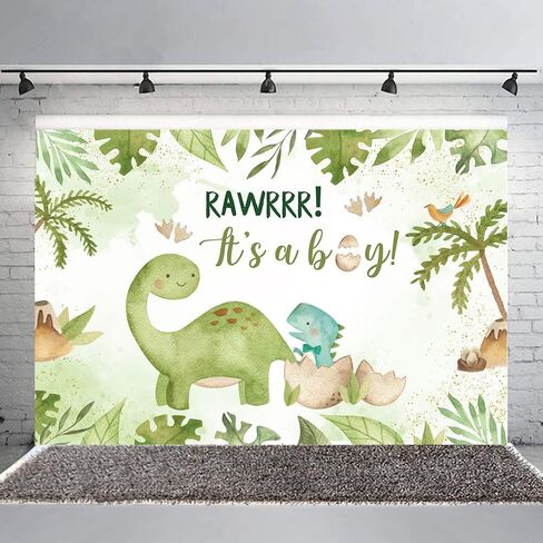 Hilioens 53ft Baby Shower Backdrop It's A Boy Newborn Green Leaf Dinosaur Egg Party Decorations Banner Cartoon Dinosaur Supplies Background Cake Table Supplies in Saudi Arabia