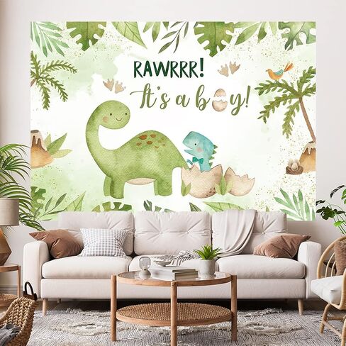Hilioens 53ft Baby Shower Backdrop It's A Boy Newborn Green Leaf Dinosaur Egg Party Decorations Banner Cartoon Dinosaur Supplies Background Cake Table Supplies in Kuwait