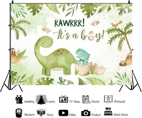 Hilioens 53ft Baby Shower Backdrop It's A Boy Newborn Green Leaf Dinosaur Egg Party Decorations Banner Cartoon Dinosaur Supplies Background Cake Table Supplies in Kuwait