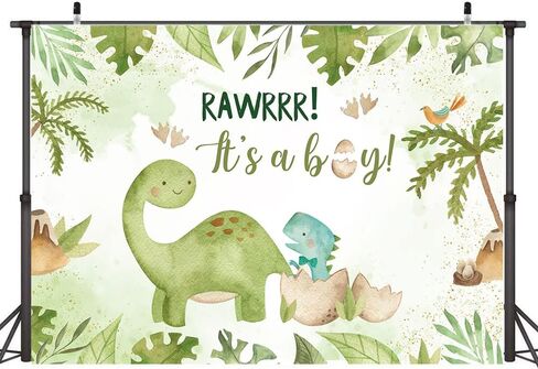 Hilioens 53ft Baby Shower Backdrop It's A Boy Newborn Green Leaf Dinosaur Egg Party Decorations Banner Cartoon Dinosaur Supplies Background Cake Table Supplies in Kuwait