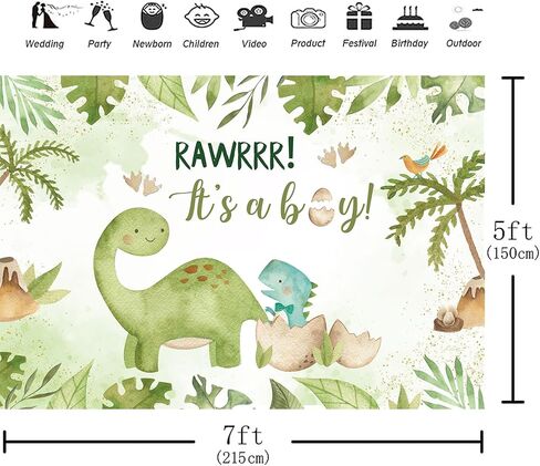Hilioens 53ft Baby Shower Backdrop It's A Boy Newborn Green Leaf Dinosaur Egg Party Decorations Banner Cartoon Dinosaur Supplies Background Cake Table Supplies in Kuwait
