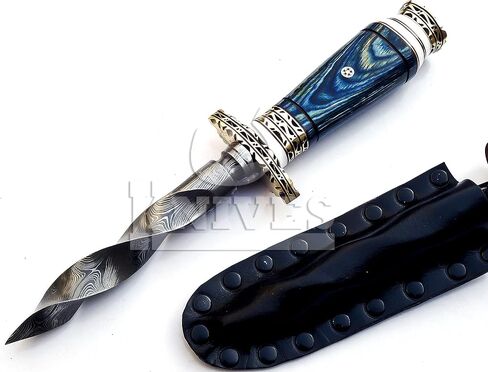 NoonKnives: 10.5" Hand-made Damascus Steel blade Collectible Kris Handle Blue Pakka Wood with brass clip or brass pommel in Saudi Arabia
