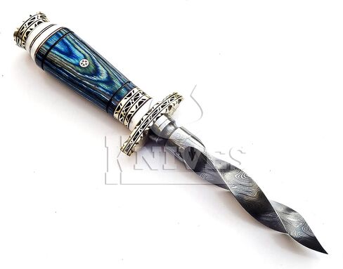 NoonKnives: 10.5" Hand-made Damascus Steel blade Collectible Kris Handle Blue Pakka Wood with brass clip or brass pommel in Saudi Arabia