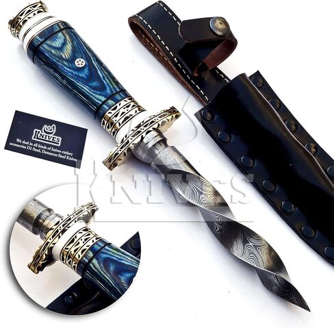 NoonKnives: 10.5" Hand-made Damascus Steel blade Collectible Kris Handle Blue Pakka Wood with brass clip or brass pommel in Saudi Arabia